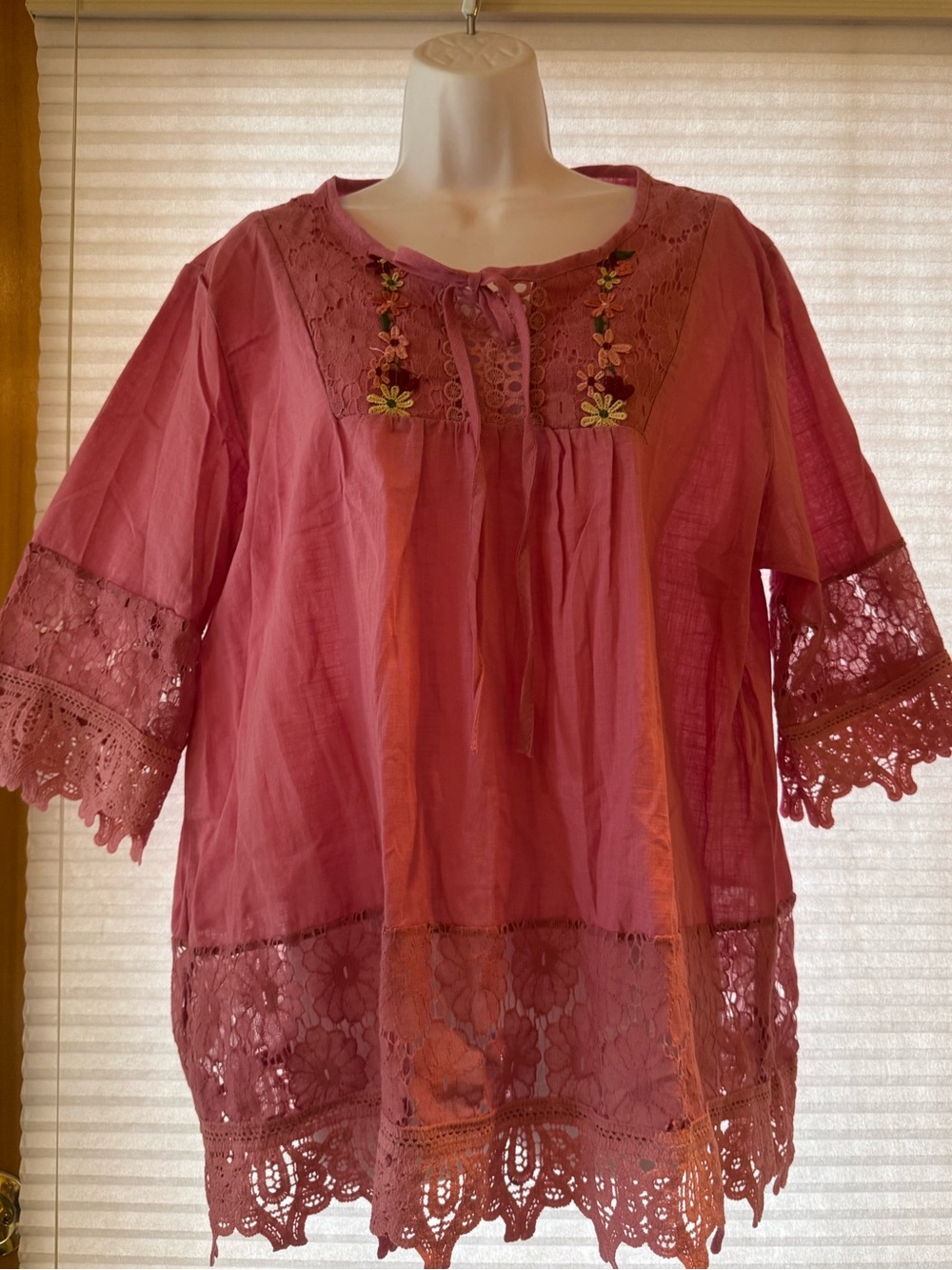 Women's Lace-Trim Peasant Blouse - Rose Pink